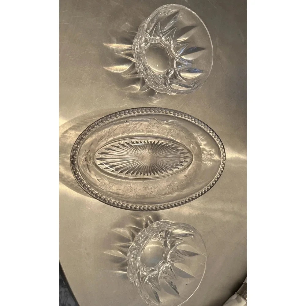 Vintage Clear Pressed‎ Glass Ivy Leaf Platter and Starburst Bowls 3 Piece Set